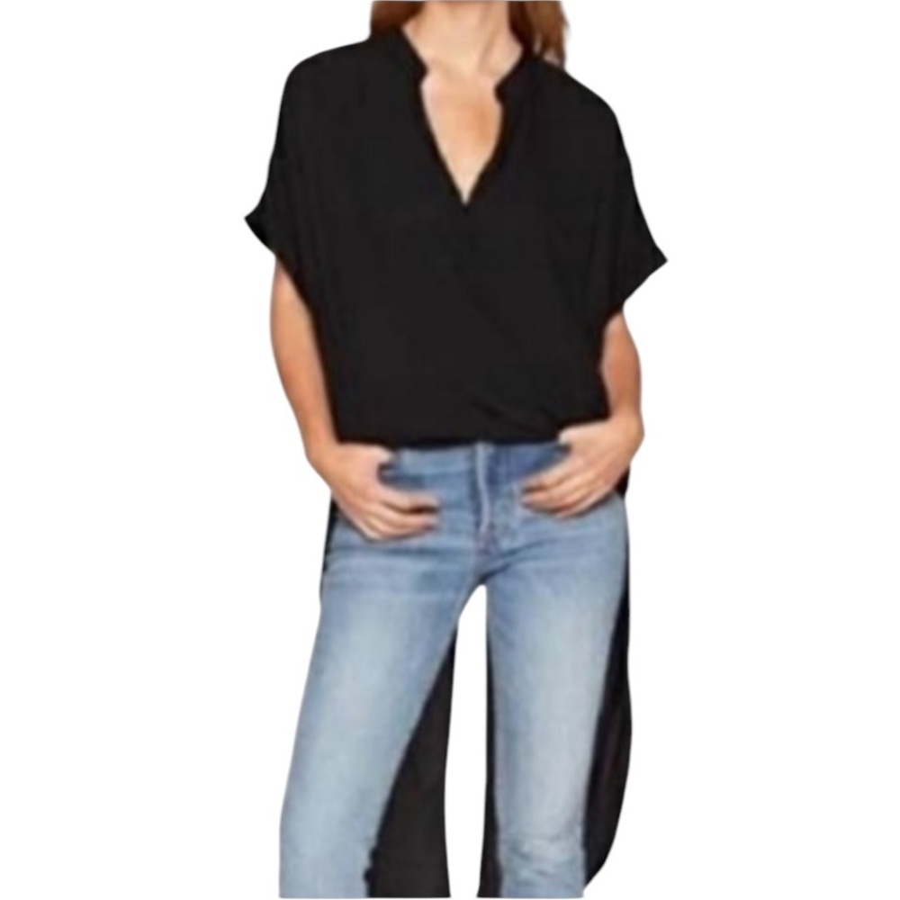 BCBGeneration navy blue high low button down top with tails